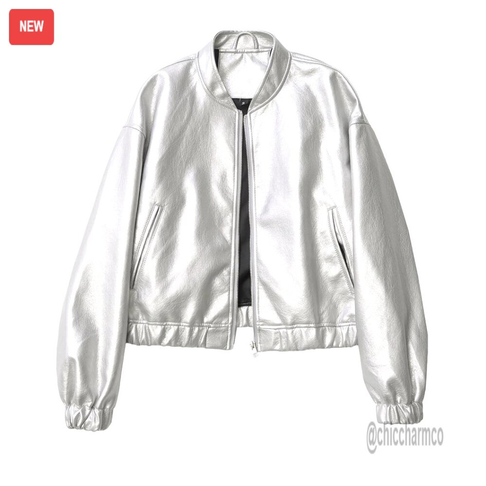 Faux Leather Bomber Jacket Zip Up Long Sleeve Biker Motorcycle Coat Y2k